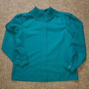 70s 80s Vintage Rhoda Lee Blouse Teal Turquoise Detailed Collar